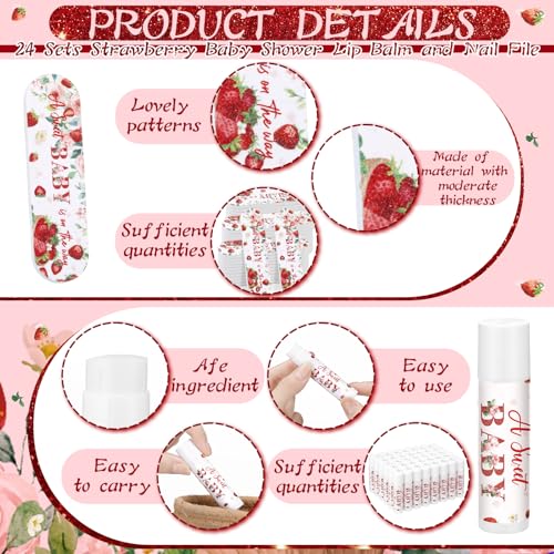 24 Sets Strawberry Baby Shower Favors for Guests Strawberry Lip Balms and Nail File a Berry Sweet Baby Is on The Way Gifts Bulk Fruit Party Supply Thank You Souvenirs for Gender Reveal