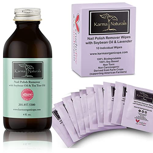 Karma Organic Nail Polish Remover Wipes Bundle - Tea Tree Oil Based Nail Polish Remover (4FL-Oz) Lavender Nail Polish Remover Wipes (Pack of 10)