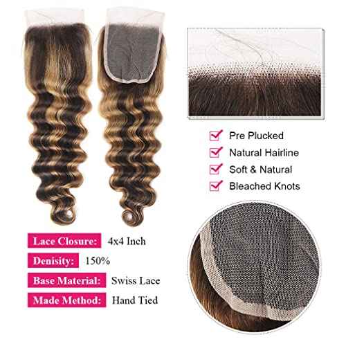 P4/27 Human Hair Bundles Loose Deep Wave Ombr? Highlighted Bundle with Closure-18,20,22+18inch, 10A Brazilian Loose Wave Raw Bundles Human Hair with 4x4 Lace Closure Honey Blonde Brown Color