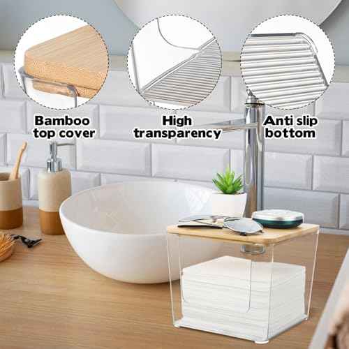 Rainmae Disposable Face Towel Holder, Acrylic Facial Towels Storage Box for XL Clean Skin Club, Upgrade Large Tissue Holder with Bamboo Lid Towel Organizer Container for Bathroom Vanity Countertop