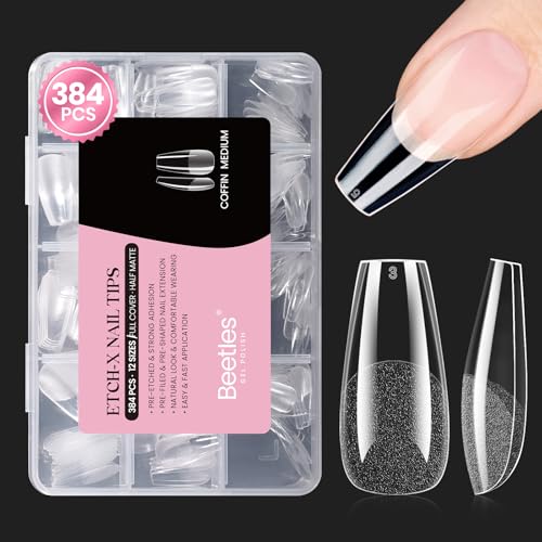 Beetles Coffin Medium Nail Tips 384pcs - Pre-Etched, No Shaping Needed, 12 Sizes