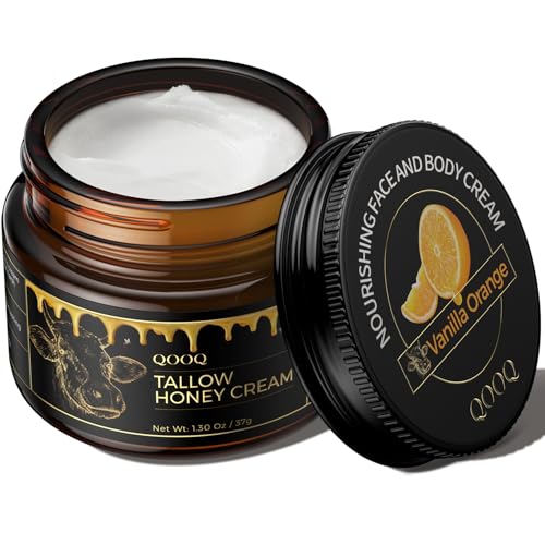 QOOQ 100% Grass Fed Beef Tallow for Skin with Raw Honey & Beach Rose Oil - for Sensitive & Eczema Skin - Natural Face/Body Butter + Lip Balm, Orange, 1.3 oz