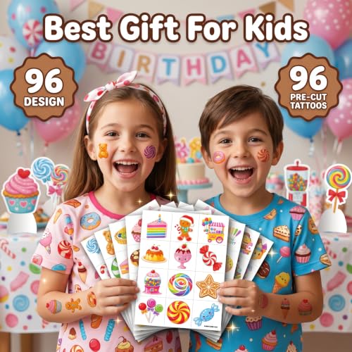 96 Candy Temporary Tattoos for Kids - Dessert Theme Party Favors