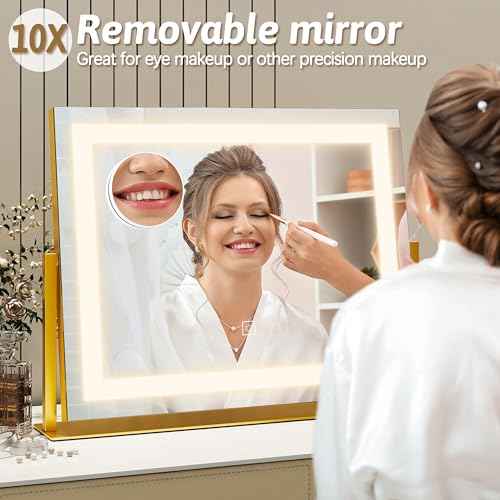 ROLOVE Vanity Mirror with Lights 22"x18", Lighted Makeup Mirror with 10X Magnification, Smart Touch 3 Colors Dimmable, 360¡Æ Rotation, Women Gift, Dresser Mount, Bathroom (Gold)