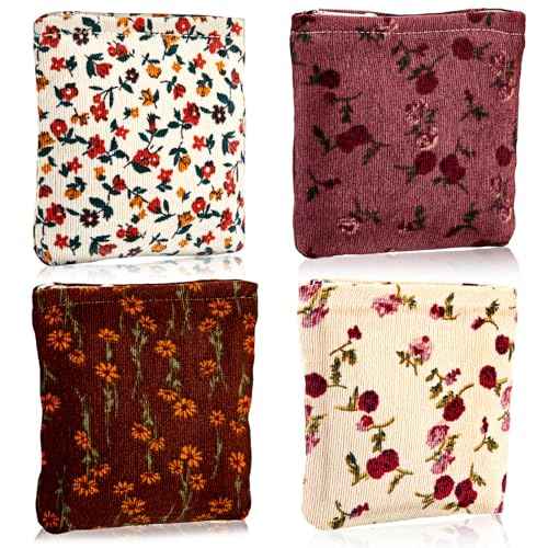 Abbylike 4 Pcs Floral Makeup Bag Corduroy Cosmetic Bag with Zipper Portable Small Pouches for Purse Toiletry Mini Pouch Cute Mini Makeup Purse for Coin Essentials Items Women(Elegant)