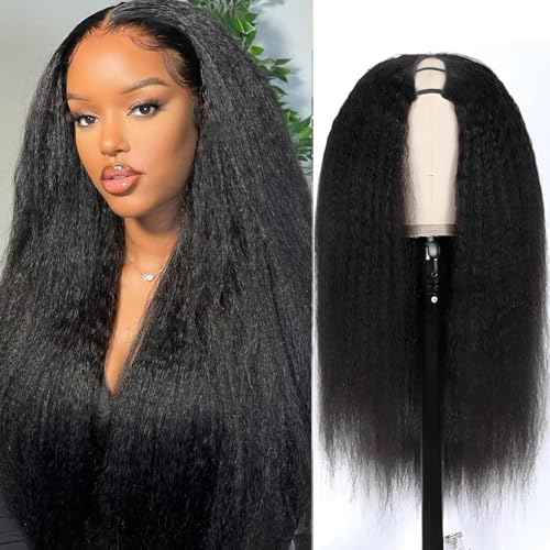 Ainmeys Kinky Straight U Part Wigs 200% Brazilian Yaki Straight Upgrade U Shape Human hair Wigs With Drawstring for Women No leave out wear and go Glueless Clip In Half Wigs (26IN)