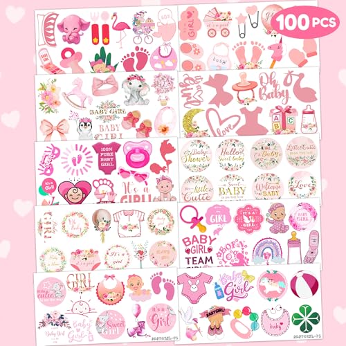100 PCS Baby Girl Birthday Party Decorations Favors Supplies Temporary Tattoos Decor Pink Rose Gold Baby Girl Shower Floral Stickers For Boys Girls Gift School Prizes Rewards