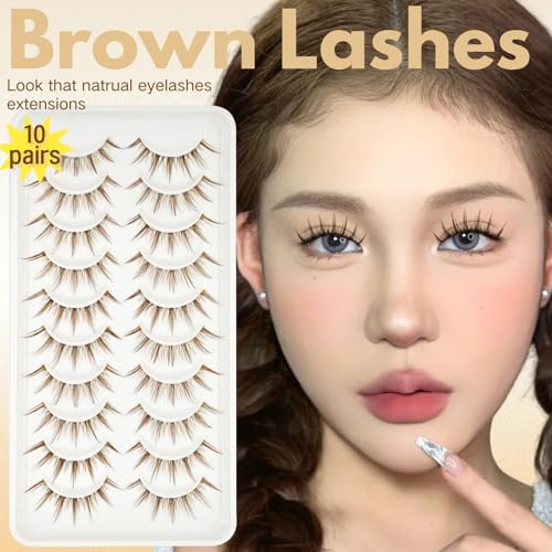 10 Pairs Brown False Lashes with Clear Band - Wispy Natural Look