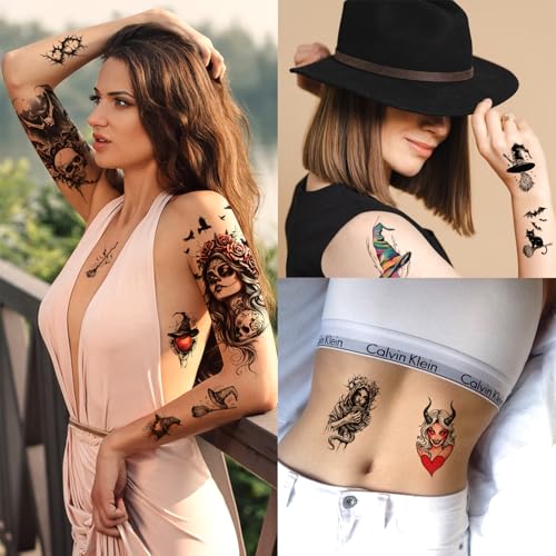 77 Sheets Witch Temporary Tattoos, Halloween Makeup Kit, Scary Half Arm Fake Tattoo Stickers for Adult Women Boy Girl