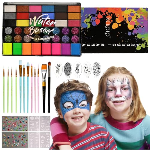 42 Color Kids Face Painting Kit, Non Toxic Water Activated Face Paint Palette with Stencils, Brush, Sparkle Gems. Perfect for Birthday Parties, Carnival, Costume Makeup