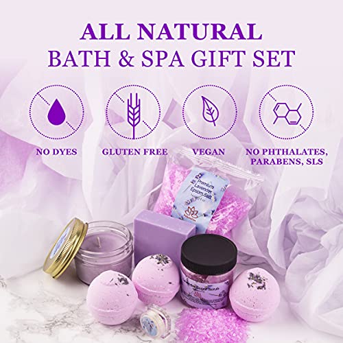 Gift Basket for Women Organic Lavender Gift Set, Bath and Body at Home, Spa Kit, Soy Wax Candle, Natural Oil Bath Salt, 3 Bath Bombs, Soap Bar, Body Sugar Scrub, for Mom, Girls - Made in USA