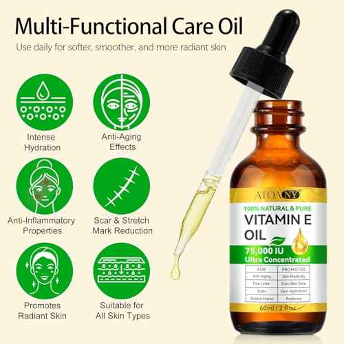 Vitamin E Oil 75,000 IU ? 100% Pure Natural Vitamin E for Skin, Face, Hair, Scars ? Deep Moisturizing Body Oil for Dry Skin, Wrinkles ? Cold-Pressed, Non-GMO,Skincare ? 2 Fl Oz