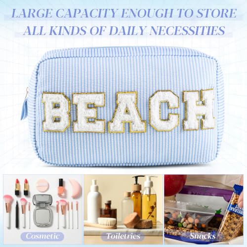 Sanwuta Seersucker Cosmetic Bag with Chenille Patches - 8.46"