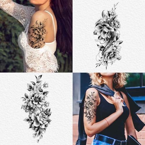 Cerlaza Black Flower Half Sleeve Temporary Tattoos for Women (10 Sheet)