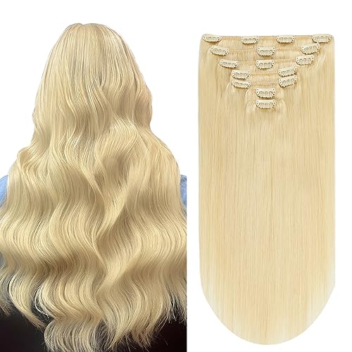 Human Hair Clip ins 16 Inches Human Hair Extensions Bleach Blonde Hair Extensions Human Hair 70g 7Pcs Remy Human Hair Extensions(16inch,7pcs, 70g)