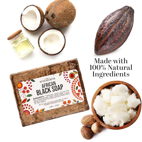 Raw African Black Soap Bar, 4 Pack (16 oz Total) - 100% Pure & Authentic Black African Soap from Ghana | With Shea Butter for Face & Body | Unscented Bar Soap for Men and Women