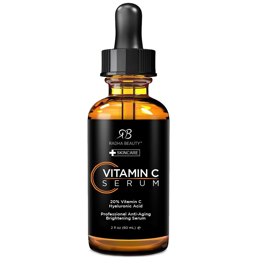 Radha Beauty Natural Vitamin C Serum 2oz, Vitamin C, Vitamin E, Hyaluronic Acid and Aloe, Facial Serum for Anti-Aging Wrinkles, Dark Spots, Fine Lines