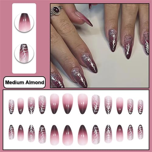 DOCVOEOMH Halloween Press on Nails Almond Short Medium Fake Glue ons Nails with Ombre Red Black Design Almond Shape Full Cover Artificial False Stick on Acrylic Nail for Women 24PCS