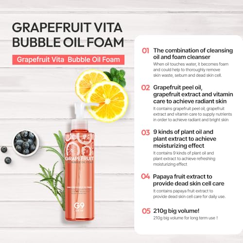 G9SKIN Grapefruit Vita Bubble Oil Foam (210g/7.40oz) ? 2-in-1 Double Cleanser with Vitamin-Rich Grapefruit and Plant Oils, Hydrating Deep Pore Cleansing for All Skin Types