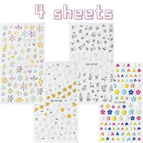 5D Embossed Flower Nail Stickers Set - 4 Sheets Floral Decals & Tweezers
