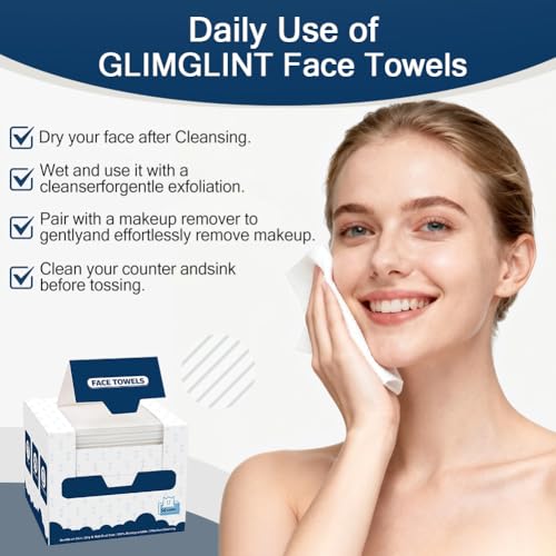 GLIMGLINT Face Towels, 100 Count (2 Box) Disposable Face Towelettes, Biodegradable Makeup Remover Dry Wipes, Super Soft Clean Facial Towels Wash Cloth for Sensitive Skin