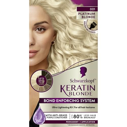 Schwarzkopf Keratin Blonde Hair Dye, 001 High Lift Platinum Blonde, Professional Quality Permanent Hair Color, Bond Enforcing System, Pre-Color Serum & Purple Conditioner Included