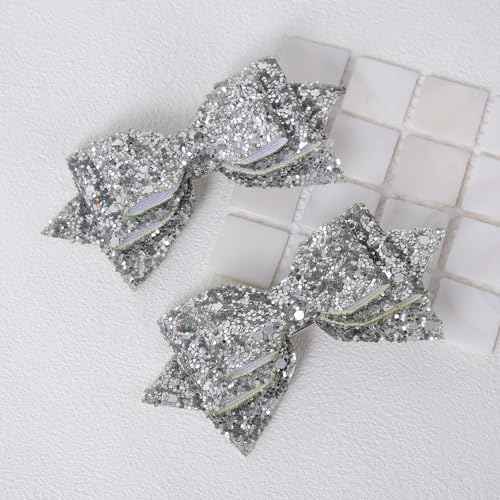 Glitter Christmas Sliver Hair Bows 4inch Shiny Sequins Bowknot Alligator Clips Barrettes Pins for Toddler Teens Baby Girls Kids Birthday New Year Wedding Xmas Party Accessories Gift