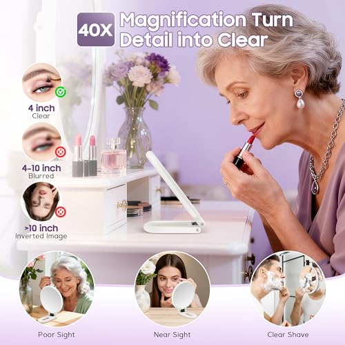 B Beauty Planet White 40X Magnifying Hand Mirror with Handle Travel Foldable Makeup Tool