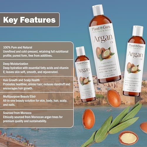 Plant Guru Argan Oil 32 fl. oz. Morocco Virgin, Cold Pressed 100 Pure Natural - Stimulates Hair Growth, Skin, Face And Body Moisturizer.