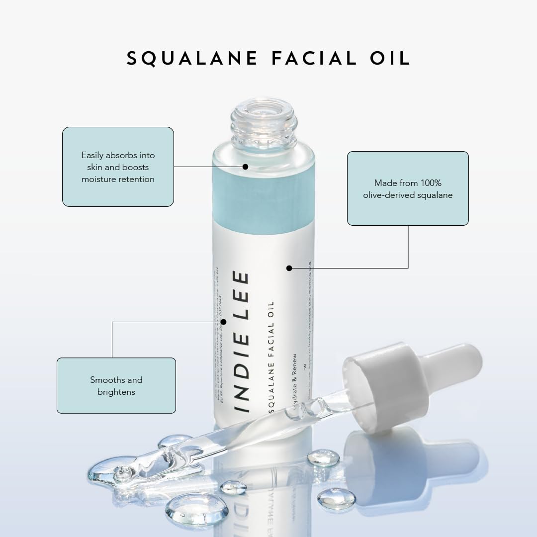 Indie Lee 100% Squalane Oil - Daily Face Oil & Hydrating Moisturizer for Dry Skin, Fine Lines and Wrinkles - Even Skin Tone, Brighten & Improve Texture - Facial Oil for All Skin Types (30ml)