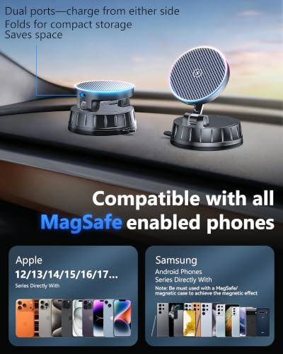 15W MagSafe Car Charger Mount with Dual Input & 360° Rotation