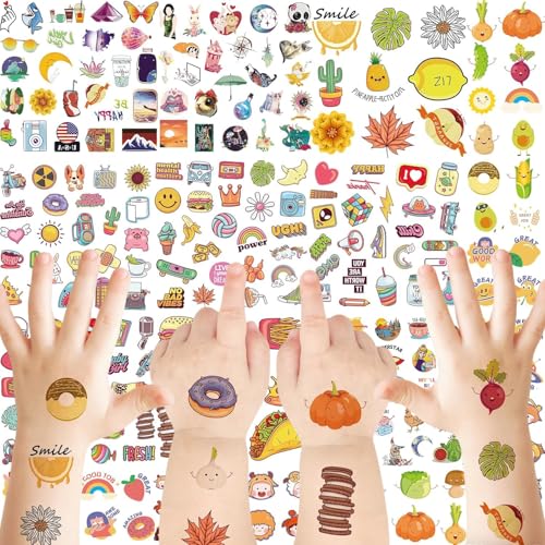 Tattoos for Kids, 12 Sheets Temporary Tattoos Stickers Set for Girls and Boys, Food Rainbow Butterfly Pumpkin Tattoos for Kids Birthday Party Supplies