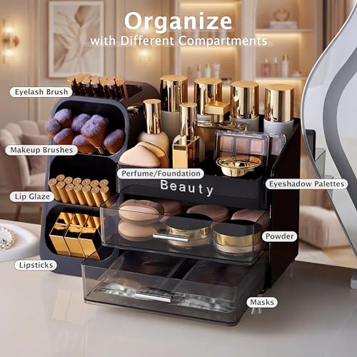 Makeup Organizer with Drawers & Brush Holder for Vanity