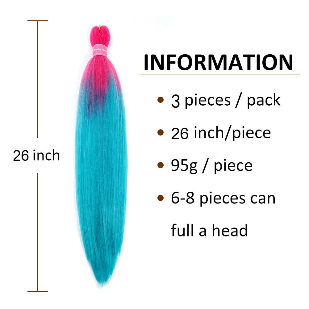 AFNOTE Pre Stretched Braiding Hair Extensions for Braids 26 Inch 3 Packs Ombre Blue Braiding Hair Pre Stretched Professional Synthetic High Temperature Braid Hair Extension-Peach Pink/Lake Blue