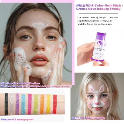 Hair Color Chalk Sticks - 9 Vibrant Washable & Waterproof