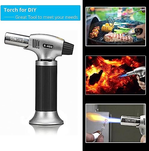 Sondiko Butane Torch S400, Refillable Kitchen Torch Lighter, Fit All Butane Tanks Blow Torch with Safety Lock and Adjustable Flame for Desserts, Creme Brulee, and Baking—Butane Gas Is Not Included