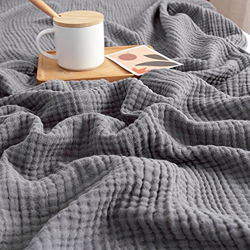 EMME Muslin Throw Blanket 100% Cotton Throw Blankets for Couch Breathable Gauze Blanket with Tassel All Season Soft and Lightweight Pre-Washed Cotton Blanket (Grey, 50"x60")