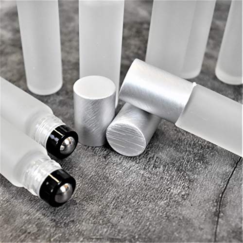 12-Pack Frosted Clear Glass Roller Bottles with Brushed Silver Leakproof Caps ? Premium Quality Empty Roll-On Bottles for Essential Oils, Perfumes, Serums, DIY Aromatherapy & Beauty Products