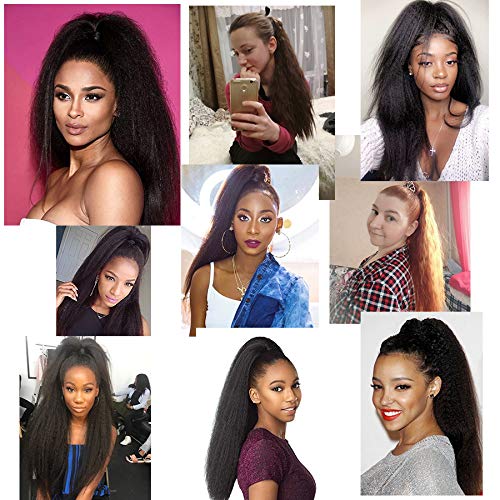 Afro Kinky Straight Ponytail Wrap Around Yaki Straight Pony Tails Extensions Clip in Ponytail Extension Magic Paste Ponytail for Black Women Girls (Black) (Auburn Brown)