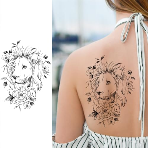 Animal Flower Temporary Tattoo For Women Half Sleeve, Large Realistic Tiger Lion Floral Fake Tattoo Adult Girl Thigh Chest, Black Leopard Pendant Temp Tatoo Sticker Arm Back Body Art Makeup, 8-Sheet