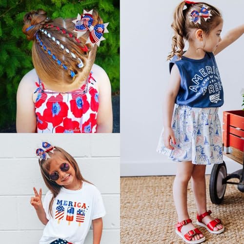 JUCCPUL 2Pcs 4th of July Hair Bows for Girls American Flag Barrette Hair Bow Patriotic Stars and Stripes Hairgrips Baby Girls Women Hair Accessories 3inch