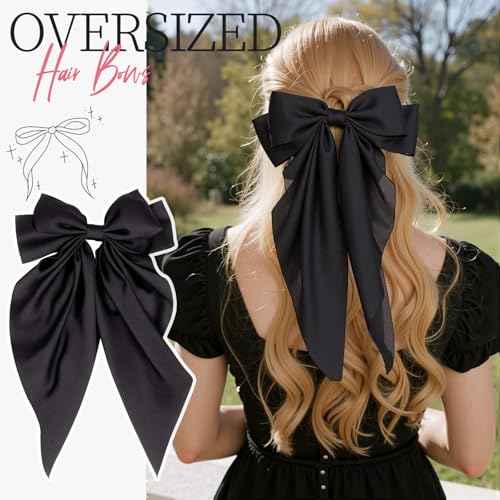 YGDZ 16PCS Black Hair Bows Set, Silky Satin Oversized Bow for Women, Large, Medium, Small Ribbon Bows, Black Hair Scrunchies, Hair Accessories