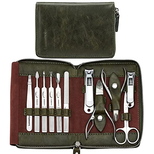 FAMILIFE F03 Manicure Set, Pedicure Kit Nail Clipper Set 13pcs Professional Men Grooming Kit and 11 in 1 Stainless Steel Mens Manicure Kit Leather Pedicure Tools Kit Grooming Kit with Travel Case Box