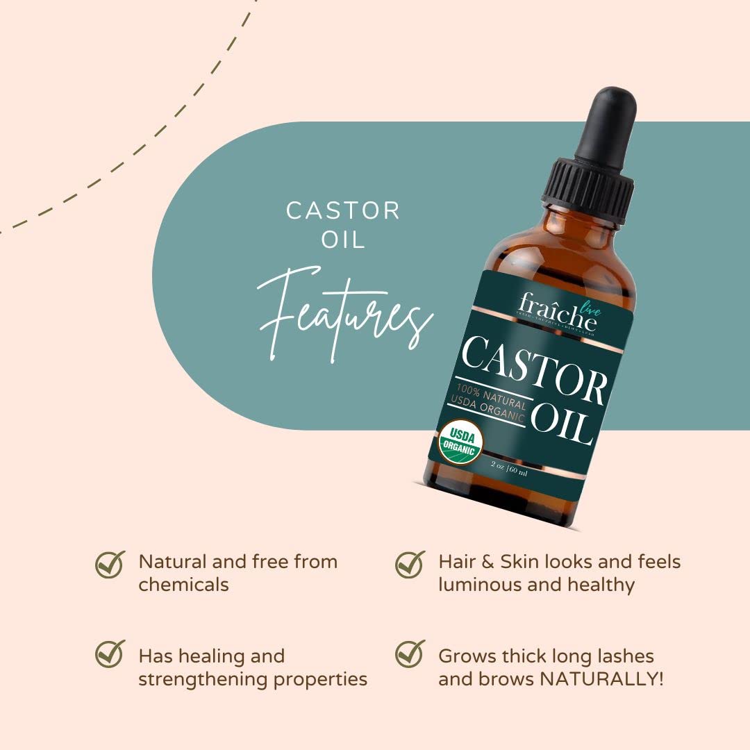 Castor Oil Organic (2oz) + Filled Mascara Tube USDA Certified, 100% Pure, Cold Pressed, Hexane Free by Live Fraiche. Hair Growth Oil for Eyelashes, Eyebrows, Hair. Lash Growth Serum. Brow Treatment