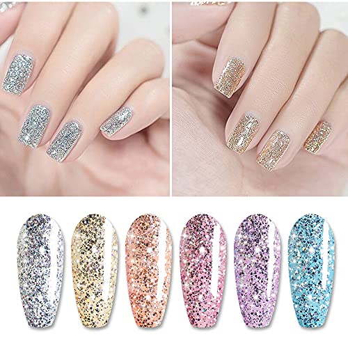 Vishine Glitter Sparkly Platinum Gel Nail Polish Set of 6 Pcs Shiny Silver Golden Pink Blue Bright Colors Gel Polish Kit UV LED Soak Off Home DIY Manicure Nail Salon Art Design 8ml