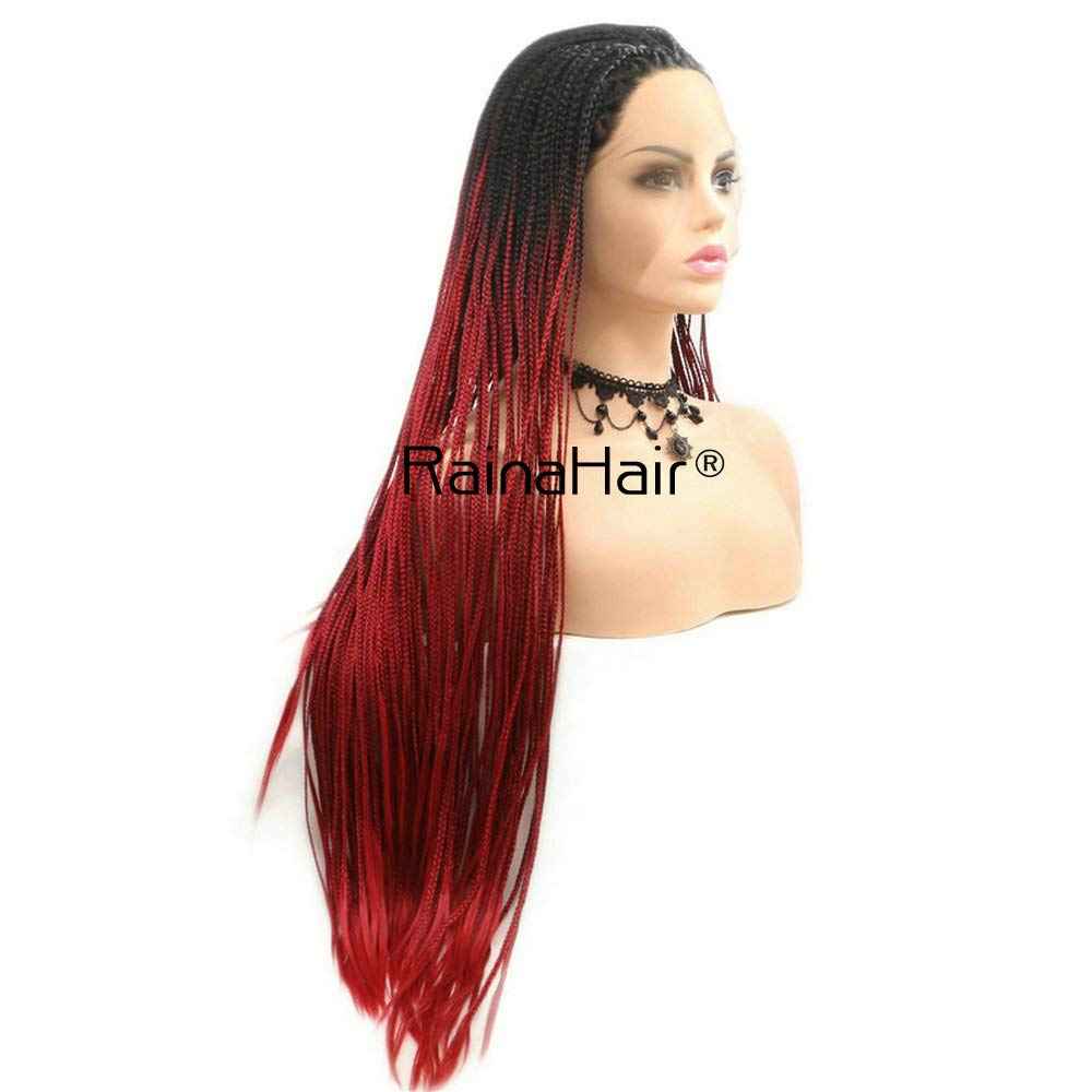 RainaHair 26inches Flawless Drag Queen Black Ombre Red Box Braided Wigs for Afro America Women Hairstyle Festival Makeup Party Cosplay Long Synthetic Hair Safety Wear Replacement Braids Wig
