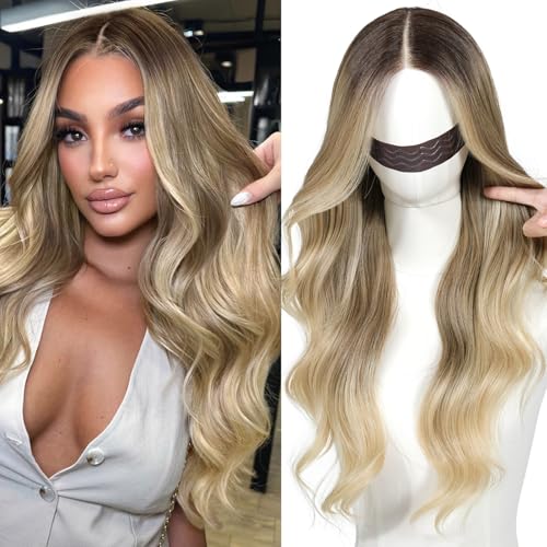 Ombre Blonde Wear and Go Glueless Wig with Bangs Pre Plucked Body Wave Synthetic Lace Front Wigs for Women 13x5x1 Pre Cut Lace Dirty Blonde Wig Middle Part 26 Inch