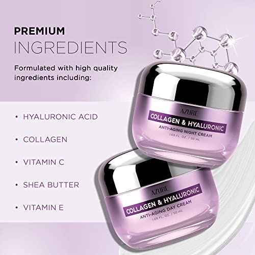 Azure Cosmetics Collagen & Hyaluronic Acid Face Moisturizer - Dermatologist Tested, Anti-Aging Cream for Fine Lines & Wrinkles - Ultra Hydrating Face Cream - Korean Skin Care - Day & Night Duo Set