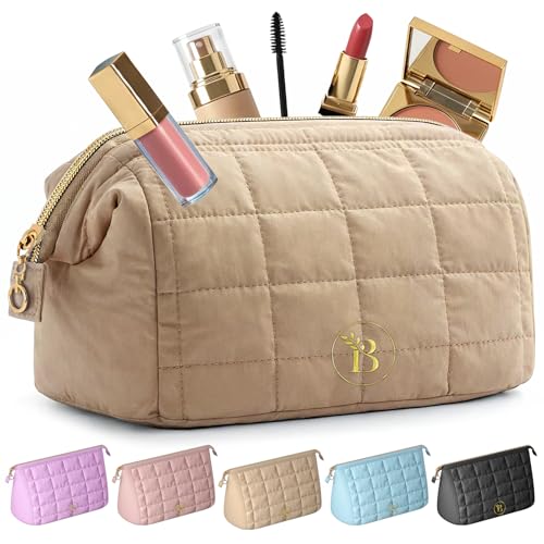 BLOOMORA Quilted Camel Makeup Bag with Wide-Open Top