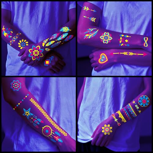 Glow in the Dark Tattoos 256+ PCS ? Luminous Party Supplies Neon Body Paint UV Face Temporary Tattoos for Adults Teens, 32 Sheets Neon Accessories Party Favors & Decorations